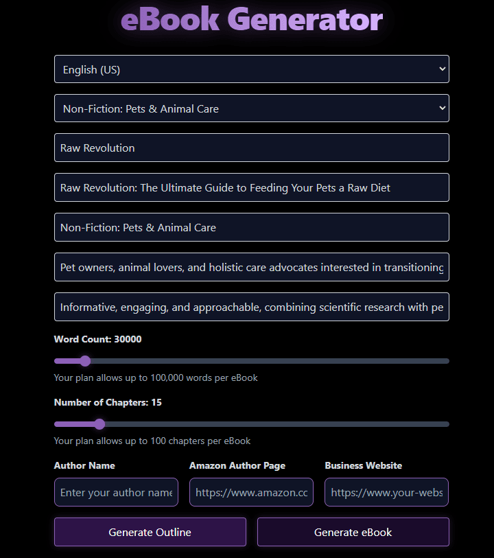 BookBlitzAI eBook Creator interface showing AI-generated content and formatting options