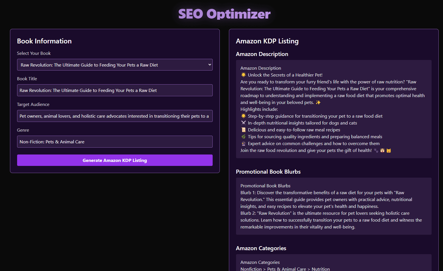 BookBlitzAI SEO Optimizer showing Amazon KDP listing optimization