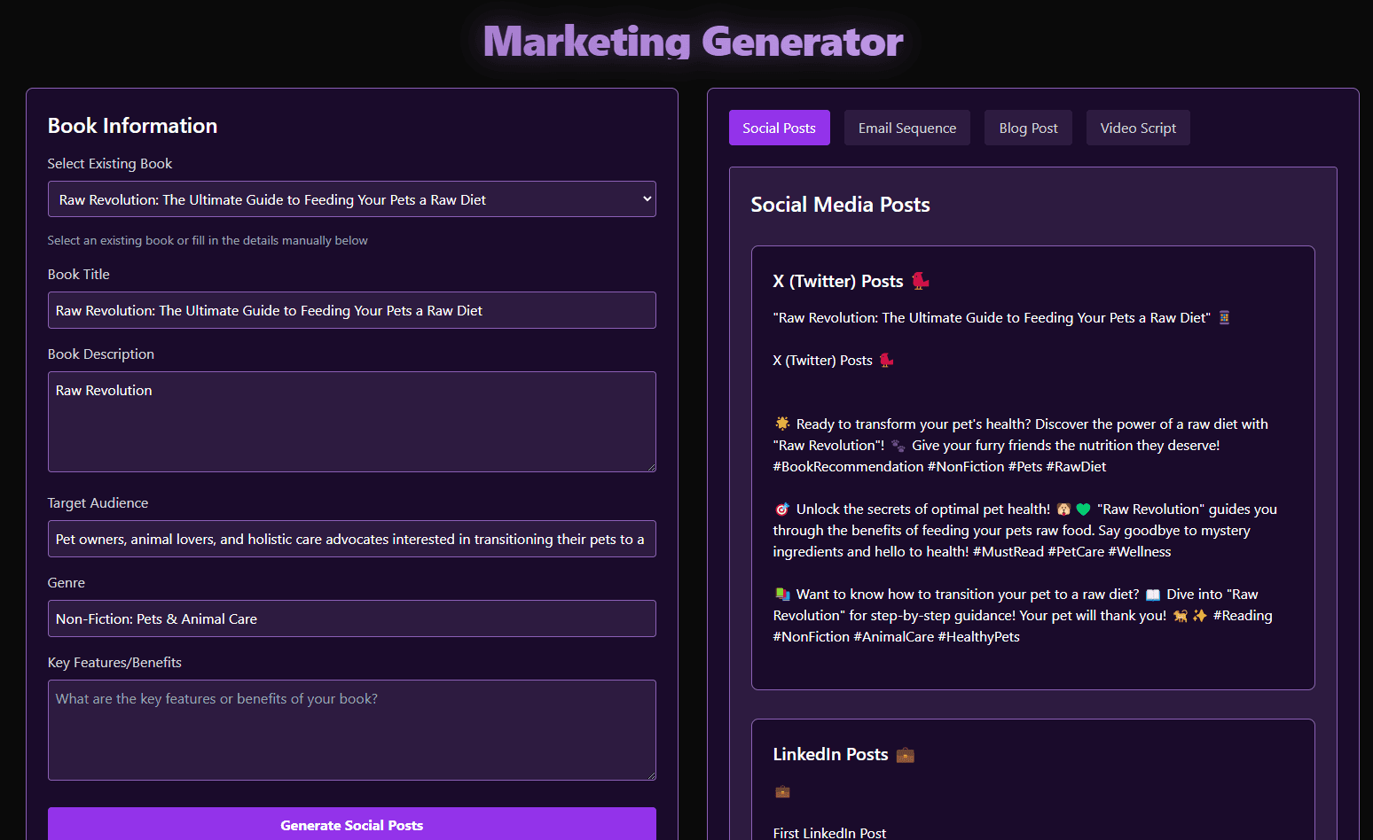 BookBlitzAI Marketing Generator showing social media posts, email sequences, and promotional content