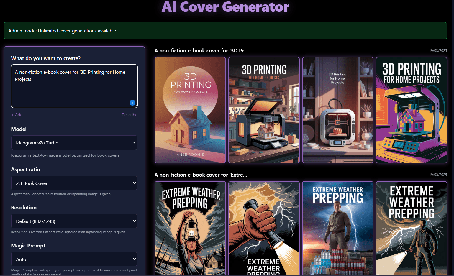 BookBlitzAI Cover Generator showing AI-generated book covers with customizable options
